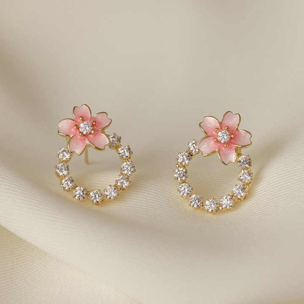 Pink Floral Studs Cute Enamel Vintage Korean Style Fashion Flower Earrings set